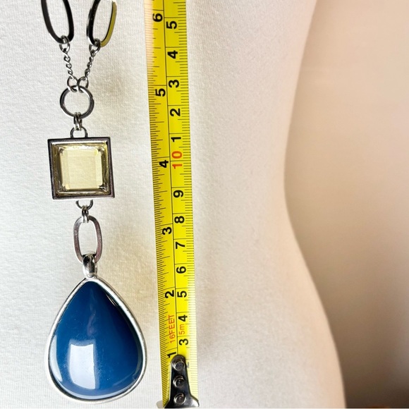 Silver Tone Necklace with Blue Acrylic Teardrop Pendant, [22” Matinee Length] - Picture 4 of 6